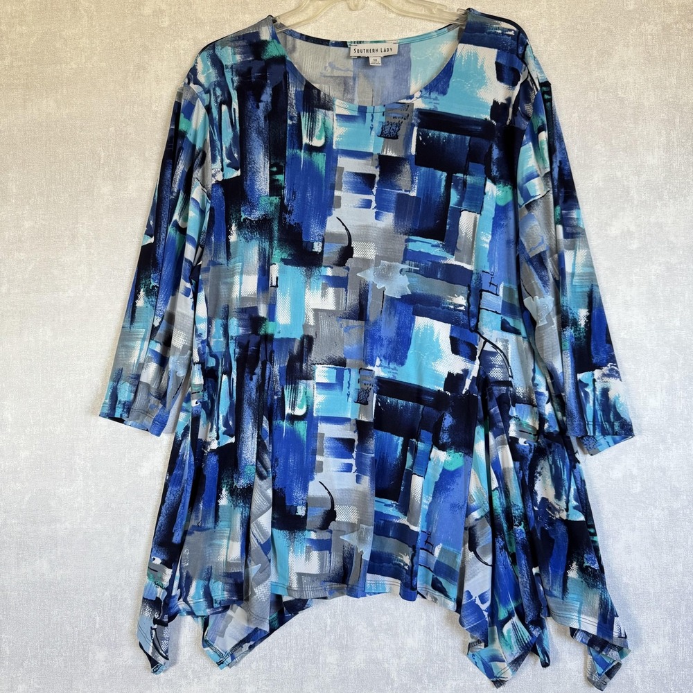 Southern Lady Shirt Womens 1X Blue Abstract Asymmetrical Hem Tunic Top